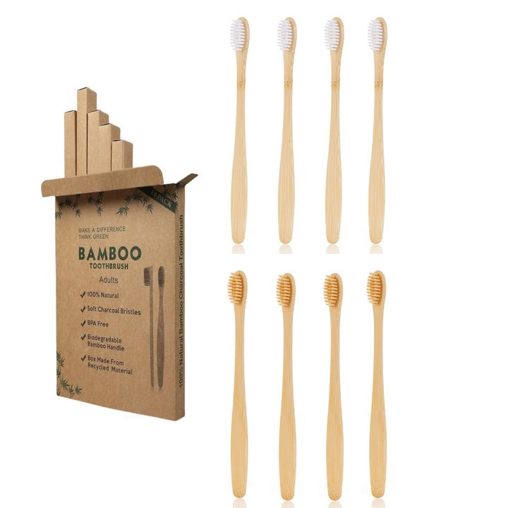 8 db bambusz fogkefe készlet, kis fej, ergonomikus nyél, puha, fehér-bézs