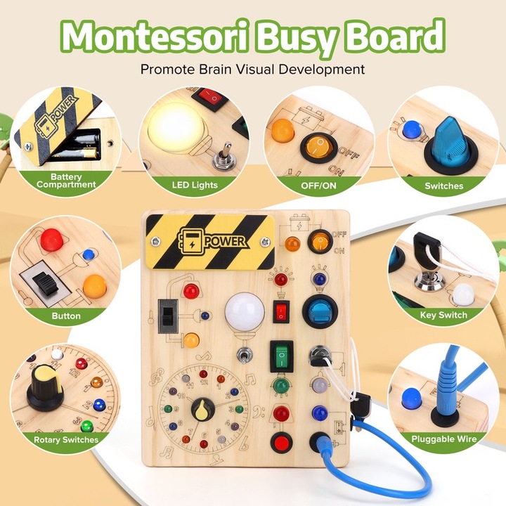 Montessori játék, Hoarosall, 10 LED kapcsoló, fa, 17x13,5x2,8 cm
