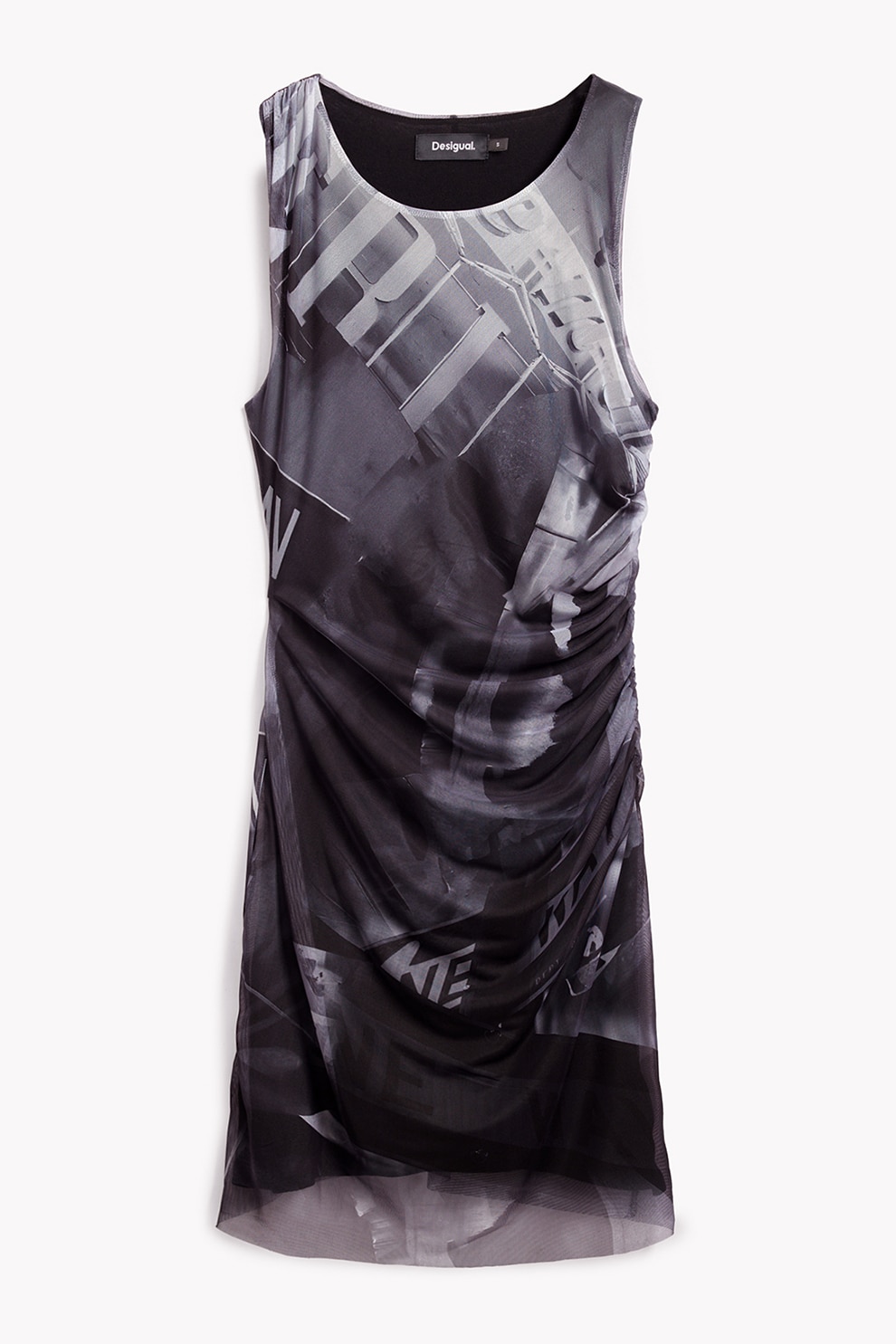 DESIGUAL, Rochie cu imprimeu si strat exterior din plasa, Alb, Gri antracit, S