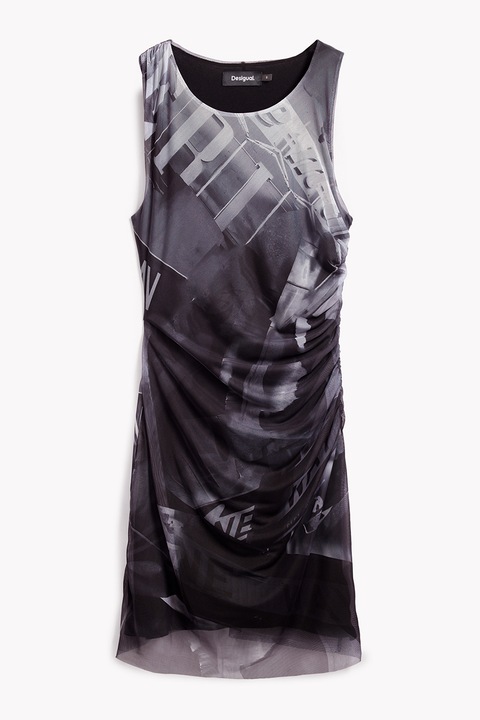 DESIGUAL, Rochie cu imprimeu si strat exterior din plasa, Alb, Gri antracit, S