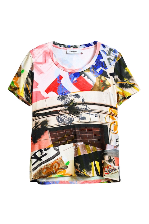 DESIGUAL, Tricou cu decolteu rotund si imprimeu grafic, Galben sofran/Albastru indigo/Alb murdar