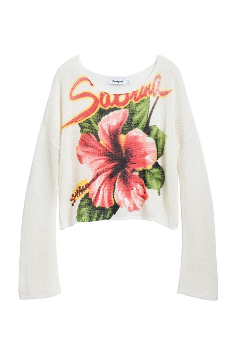 DESIGUAL, Bluza din amestec de bumbac cu model floral si maneci cazute, Alb murdar/Roz/Verde feriga