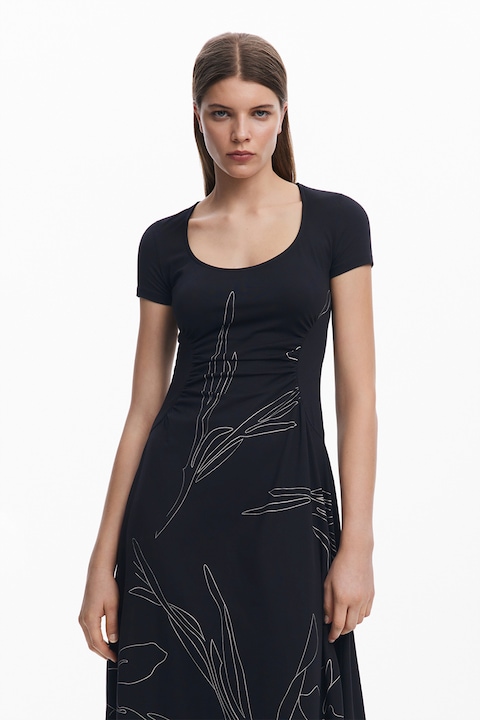 DESIGUAL, Rochie evazata din amestec de bumbac cu decolteu rotund, Alb/Negru, XS