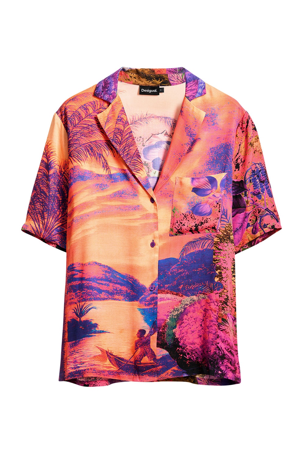 DESIGUAL, Camasa cu imprimeu si buzunar pe piept, Fucsia, Violet, Portocaliu mandarina, S