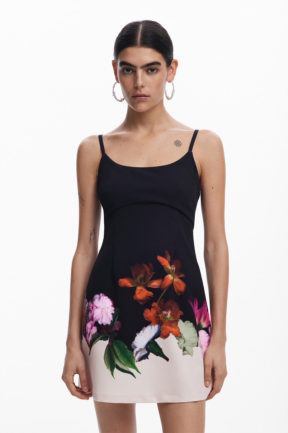 DESIGUAL, Rochie scurta cu model floral, Verde, Negru, Portocaliu, S