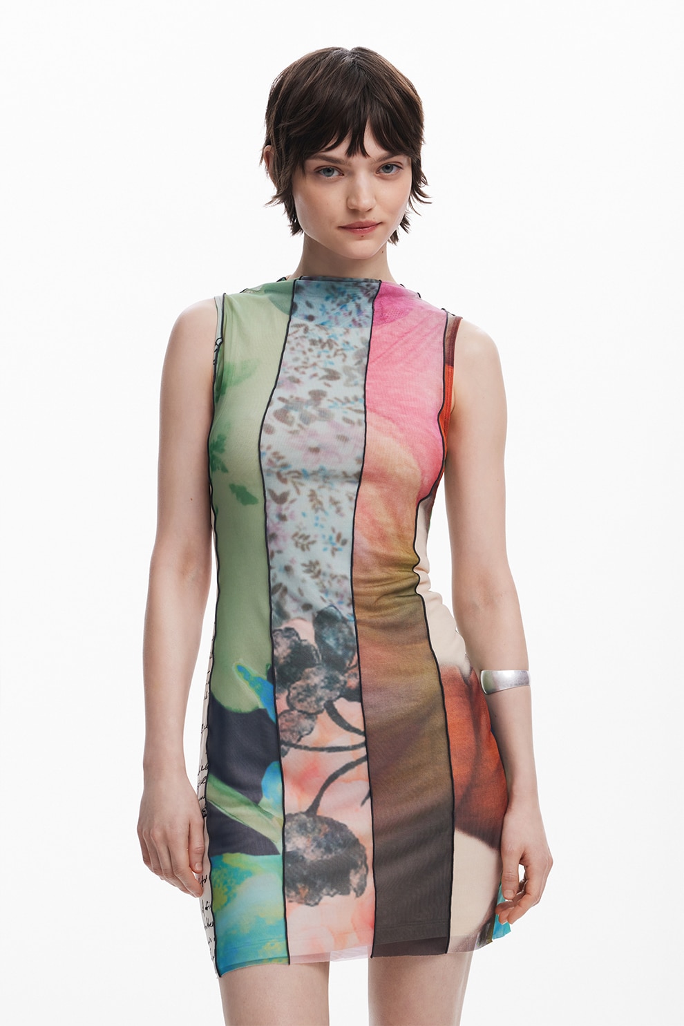 DESIGUAL, Rochie scurta cu croiala dreapta si decolteu la baza gatului, Multicolor, M