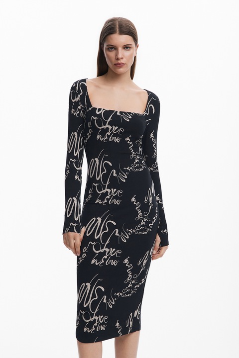 DESIGUAL, Rochie midi cu decolteu patrat, Negru/Crem