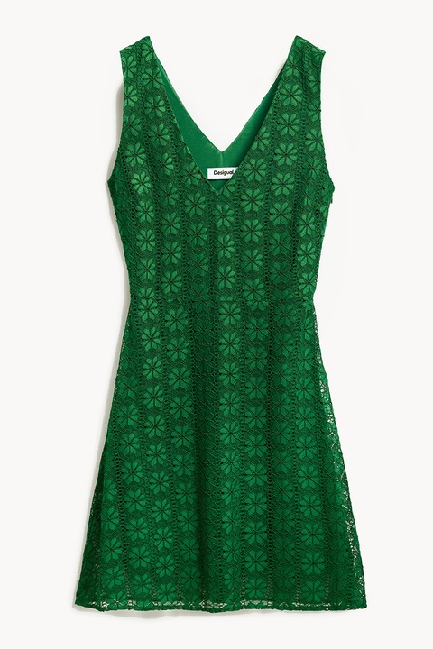 DESIGUAL, Флорална къса рокля с флорална дантела, Зелен