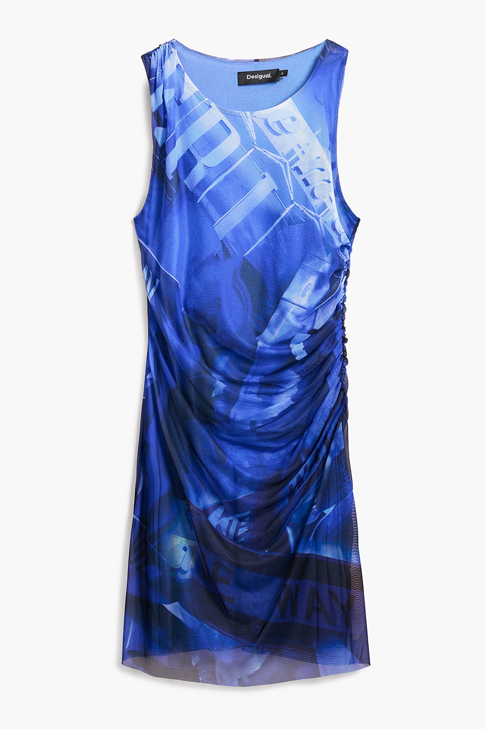 DESIGUAL, Rochie cu imprimeu si strat exterior din plasa, Alb, Albastru, S