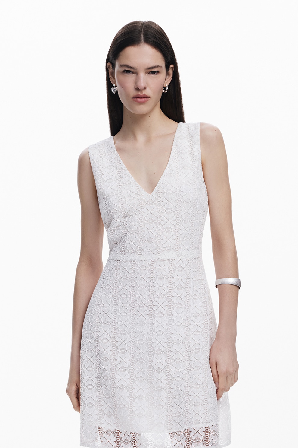 DESIGUAL, Rochie scurta cu dantela cu model floral, Alb murdar, M