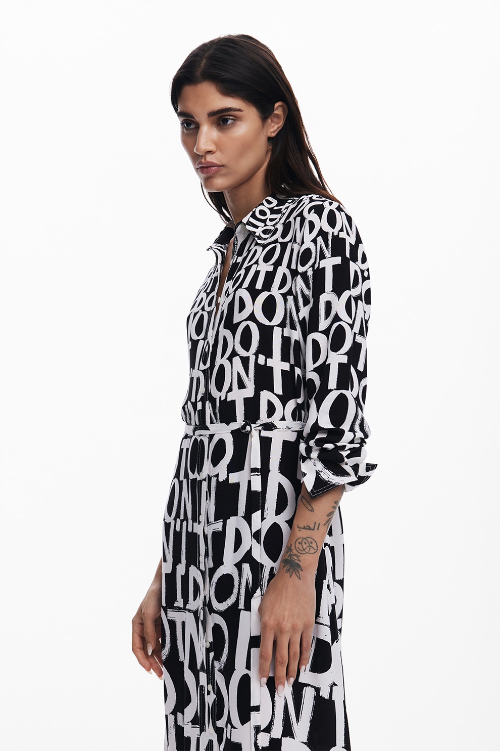 DESIGUAL, Rochie-camasa lunga cu model, Alb, Negru, S