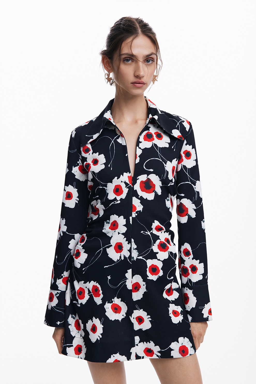 DESIGUAL, Rochie mini cu model floral, Rosu, Alb, Negru, M