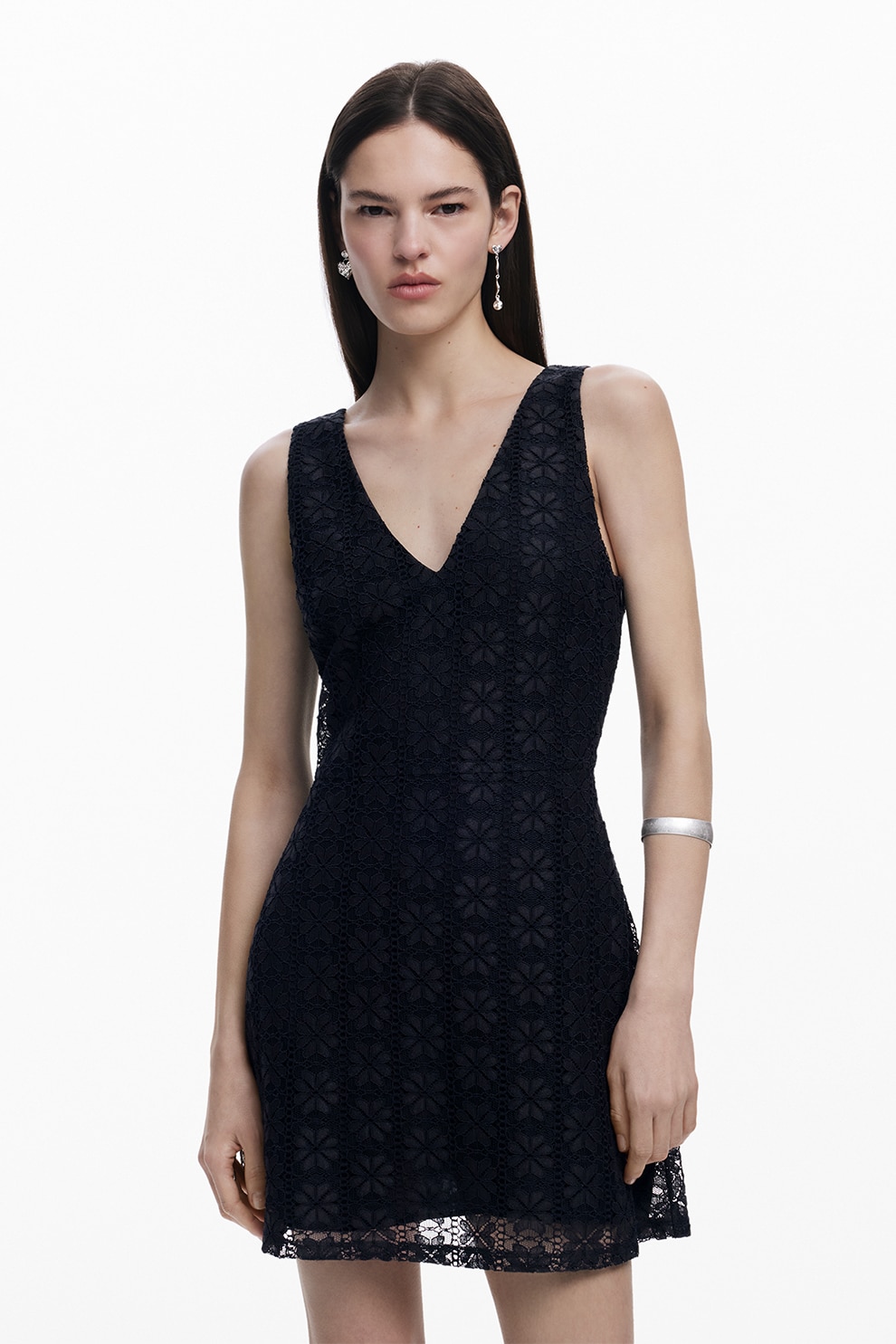 DESIGUAL, Rochie scurta cu dantela cu model floral, Negru, S