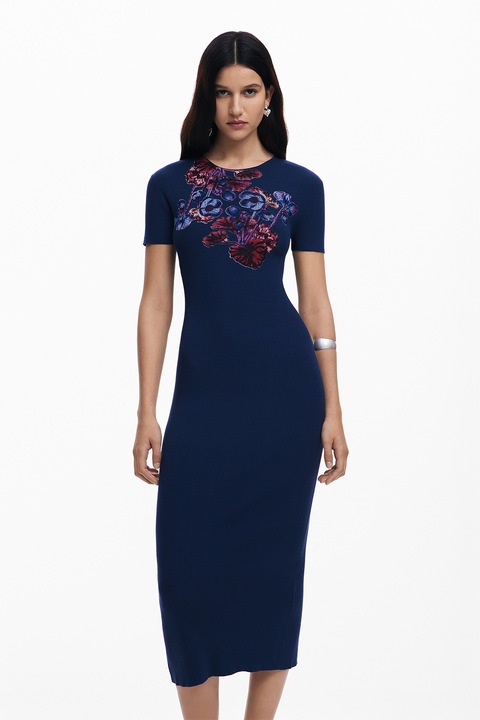 DESIGUAL, Rochie midi cu slit pe partea din spate, Rosu, Violet, Bleumarin, L