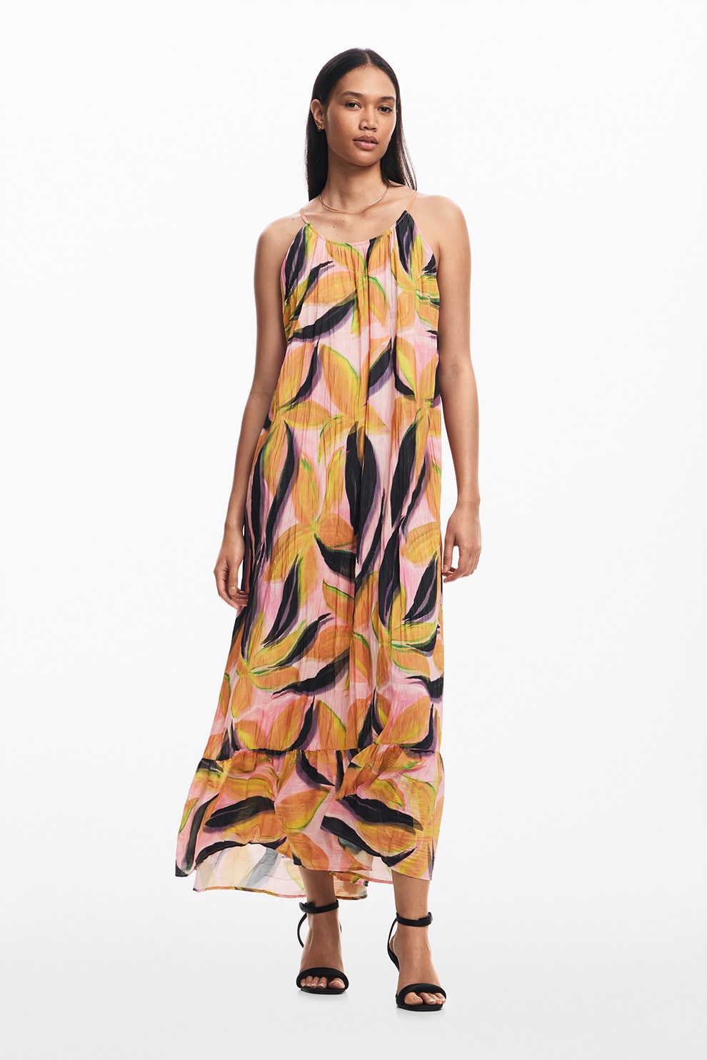 DESIGUAL, Rochie lunga cu model floral, Negru, Portocaliu, Roz, S