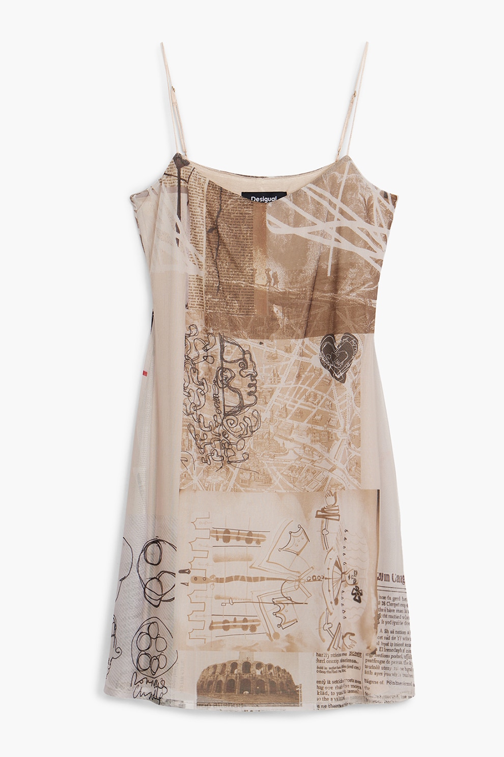 DESIGUAL, Rochie mini cu model si bretele inguste, Negru, Bej, M