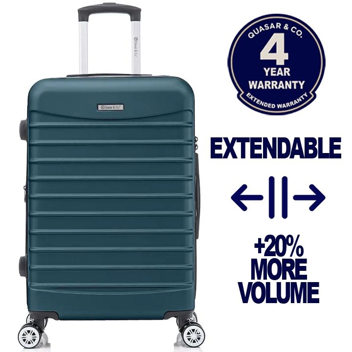 Nagy méretű bővíthető bőrönd 77x49x31-36 cm, LINE modell Quasar & Co.®, ABS 2.8 mm, lopásgátló cipzár, számzár, teleszkópos fogantyú, 4 dupla csendes kerék 360°-os forgással, 2 rekesz belső zsebbel, feladott poggyász utazáshoz, Petrolkék