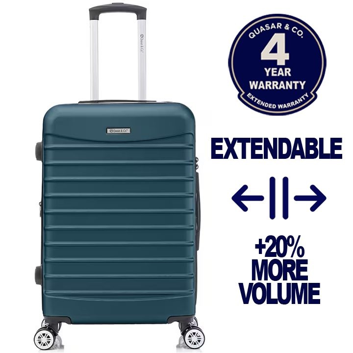 Közepes méretű bővíthető bőrönd 66x41x26-31 cm, LINE modell Quasar & Co.®, ABS 2.8 mm, lopásgátló cipzár, számzár, teleszkópos fogantyú, 4 dupla csendes kerék 360°-os forgással, 2 rekesz belső zsebbel, feladott poggyász, Petrolkék