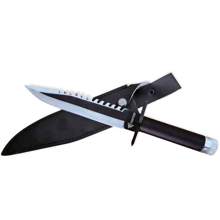 Foxter Rambo Finka taktikai kés, 35 cm, acél penge, fém nyél zsinórral, hüvely, fekete