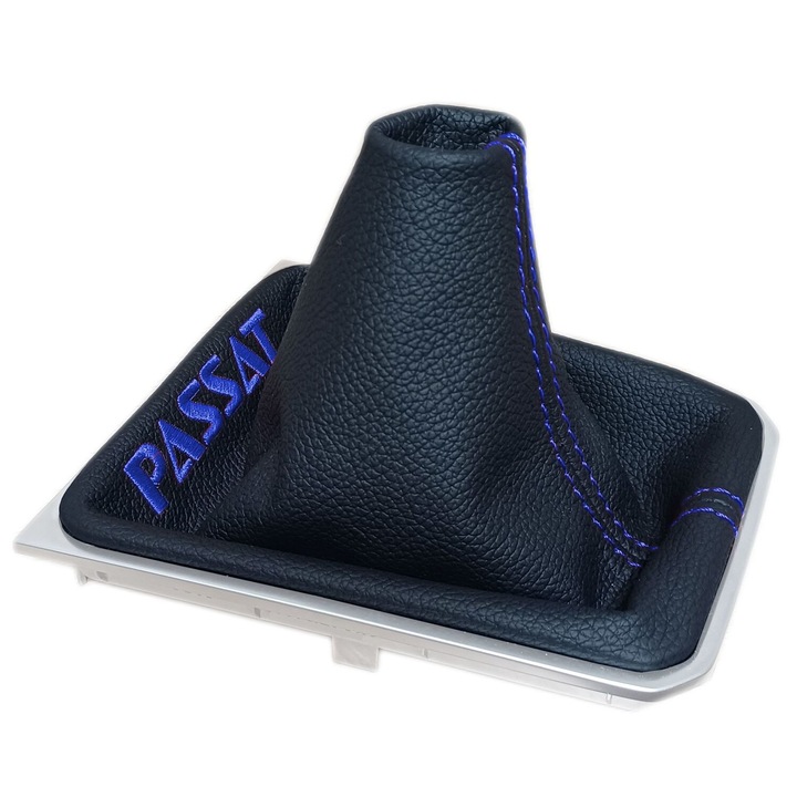 Schimbator Volkswagen Passat B8, Ophelia, piele naturala, negru, broderie albastra