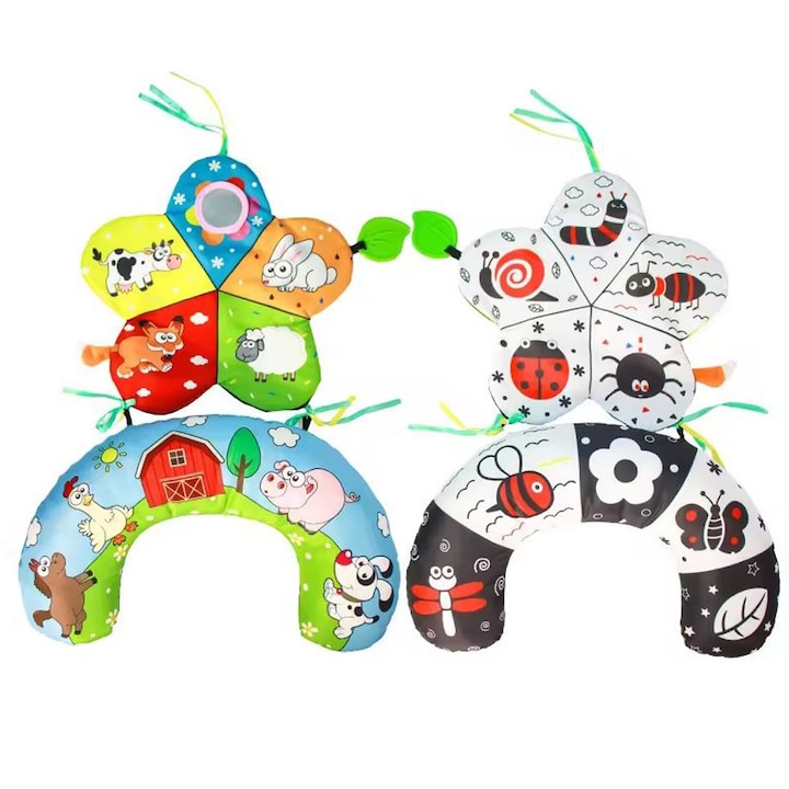 Perna Activitati TREPO® Stabilizatoare pentru Stat pe Burta Bebelus, Saltea Gimnastica cu 2 Fete cu Tematici Diferite, Multicolor