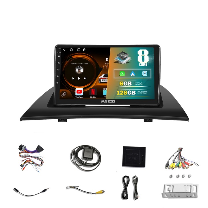 BMW X3 (2004 - 2012) navigáció Android 13 és CarPlay rendszerhez, MaxTech®, 9" IPS képernyő, 6 GB RAM 128 GB ROM, GPS funkciók, Carplay, WIFI, RDS, DSP, EQ, Airplay, Mirrorscreen, Bluetooth, Waze