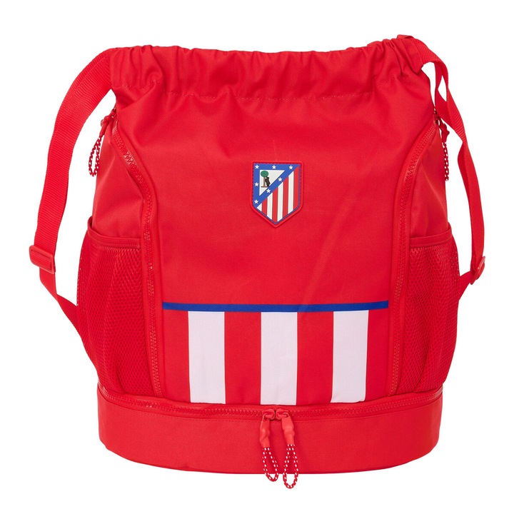 Rucsac cu sfori Atletico Madrid, rosu, 35x40x1cm, 2 buzunare laterale, 2 buzunare pentru sticla de apa
