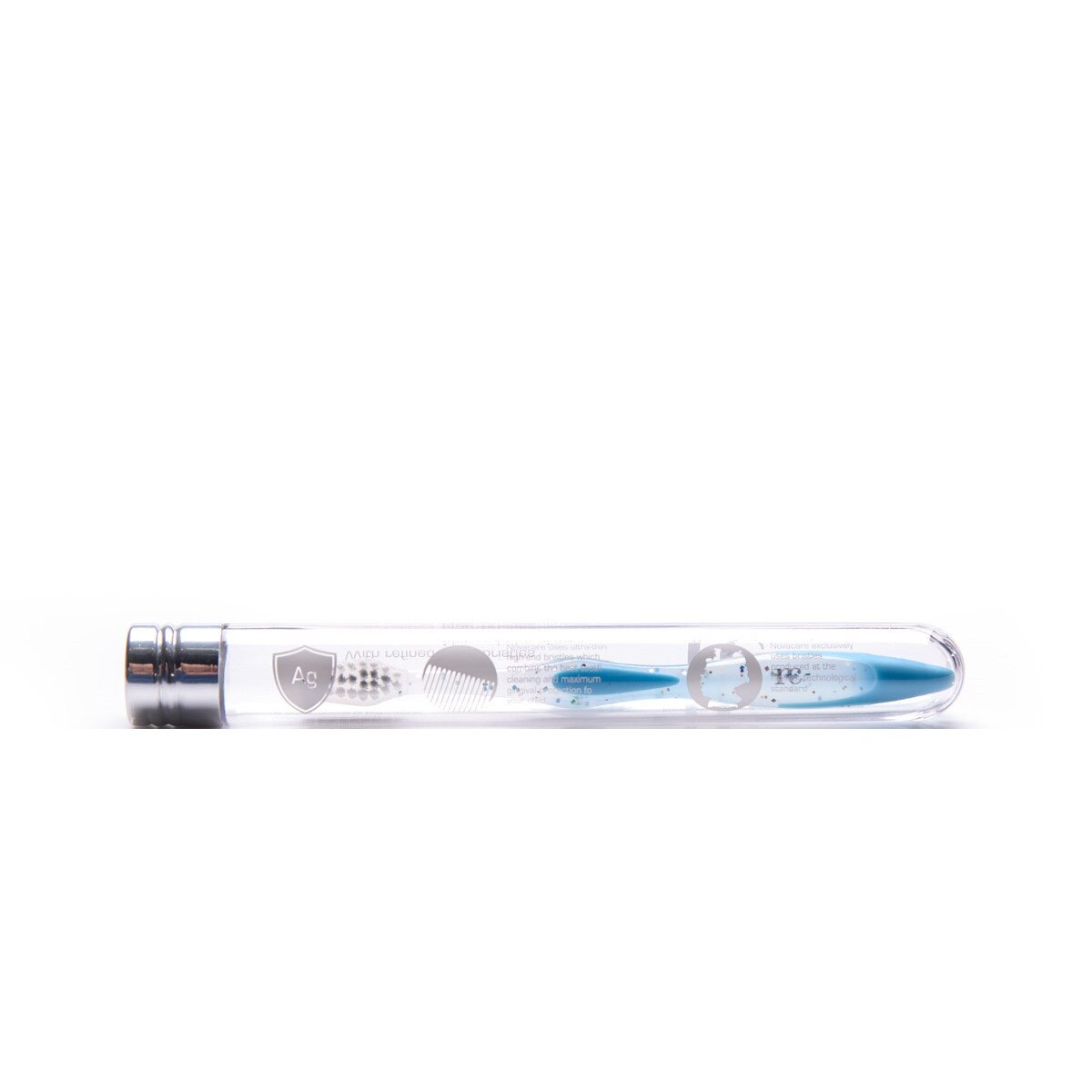 Periuta de dinti manuala pentru copii de la primul dintisor, cu peri super-soft cu argint Nova Care cu maner bleu-turcoaz.