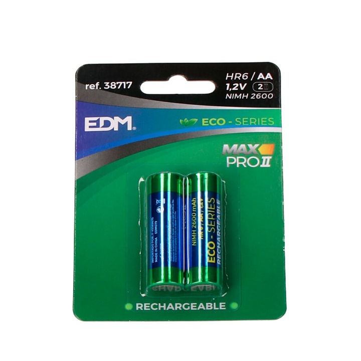 Акумулаторни батерии EDM 38717 Max Pro II Eco-Series 2600 mAh 1.2 V, комплект от 2 броя, многоцветни, O 14.5 x 50.5 mm