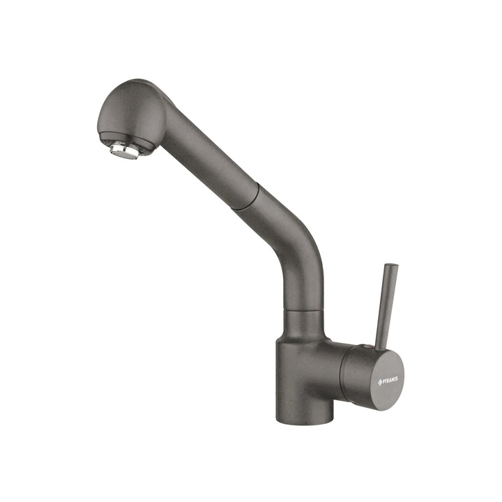 Кухненски смесител Pyramis BALATA, едноръкохватков, покритие от желязосив гранит, изтеглящ се, висок кран