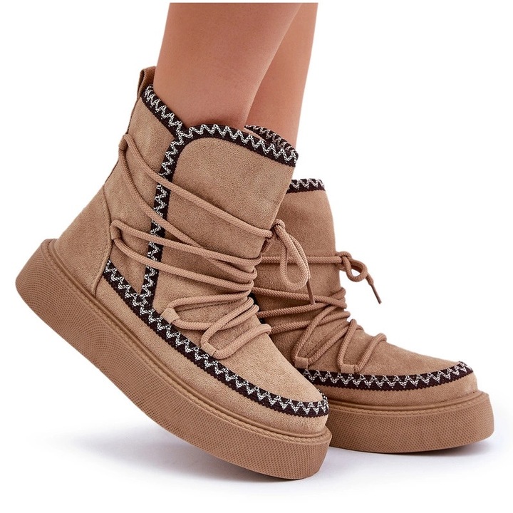 Дамски боти с платформа, бродерия, кафяво, екологична кожа