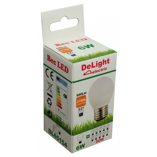 Bec LED Sferic E27 6W 220V 2700K G45 Lumina Calda