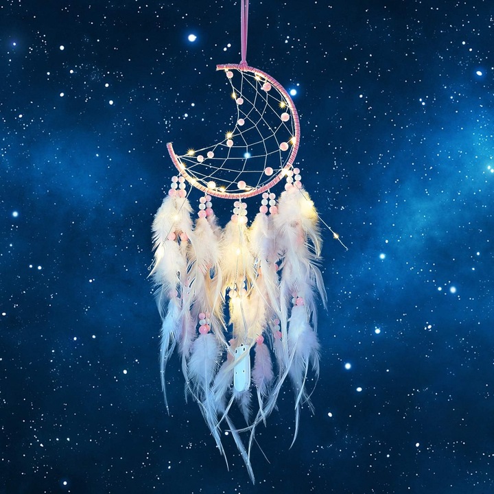 Dream Catcher LED, handmade, pene, 58cm, 16cm diametru, decorare interioara