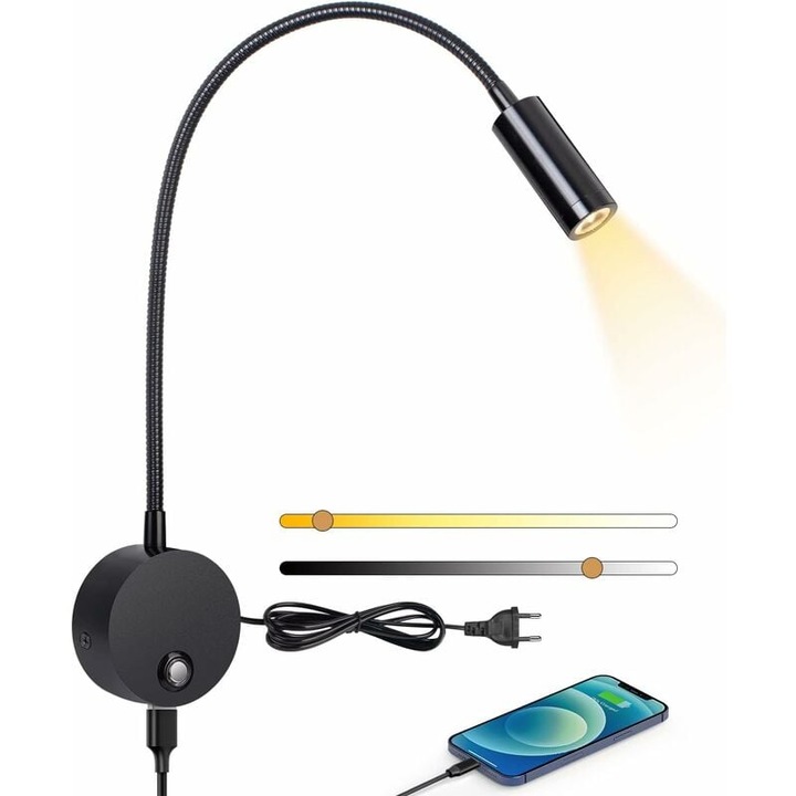 Lampa de citit pe perete, 3 temperaturi de culoare 3000-6000K, neagra