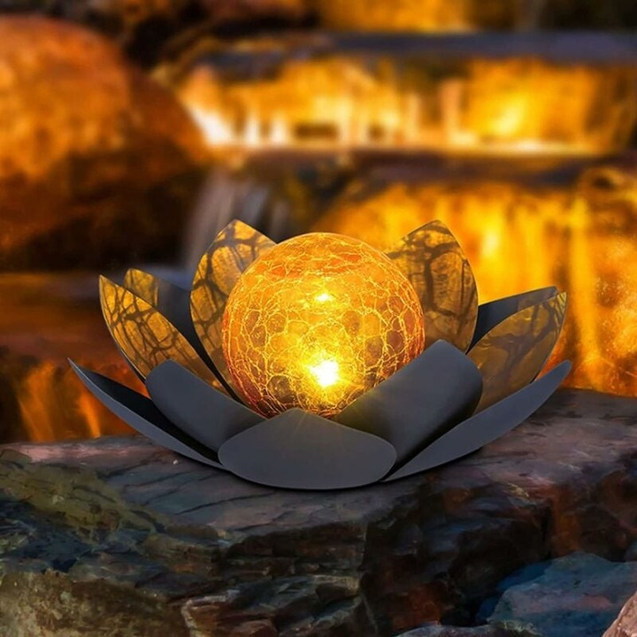 Lampa solara, glob de sticla crapata chihlimbar, decoratiune lotus pentru iluminat exterior, Enforose
