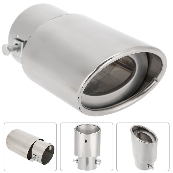 Rozsdamentes kipufogócső, Bizaical, fényes ezüst, univerzális rögzítés 5,3-3,8cm átmérőjű autókhoz