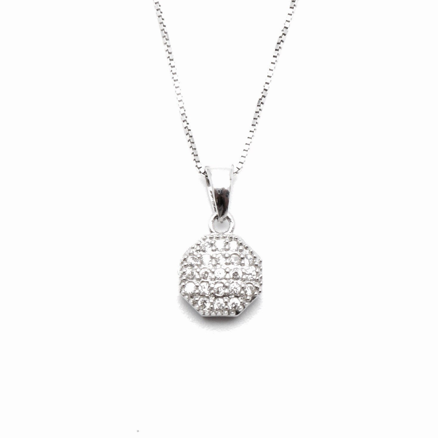 Colier argint rodiat Luxor Gioielli pandant in forma hexagonala placat cu zirconii albe