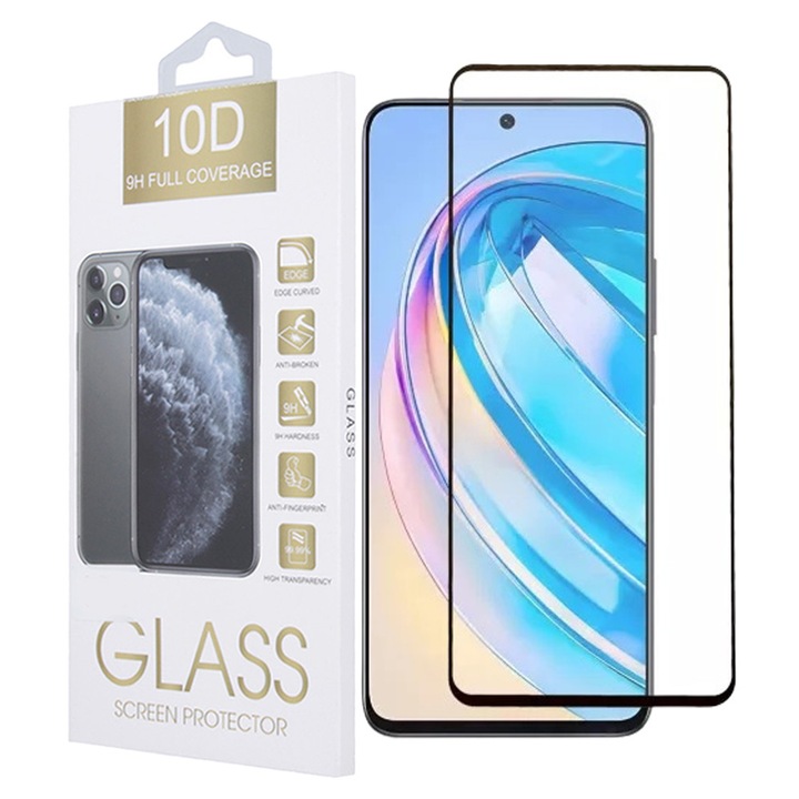 Honor X7b / X7c / Honor 90 Smart 5G / 200 Smart 5G kompatibilis üvegfólia, előlapi, 10D, edzett, hajlított, fekete kerettel