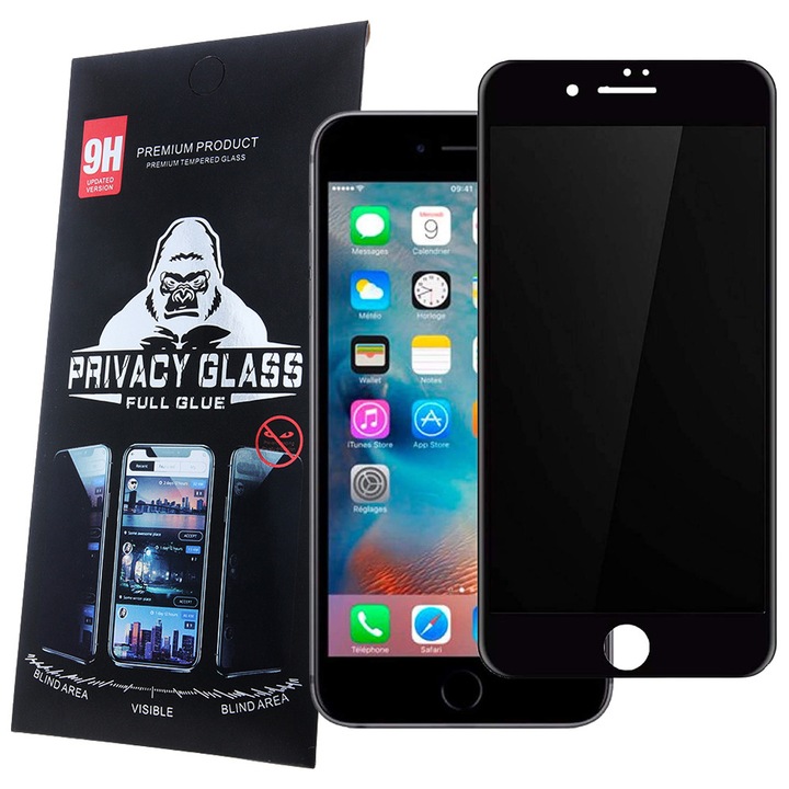 iPhone 7 / 8 / SE 2020 / SE 2022 kompatibilis üvegfólia, előlapi, 5D, edzett, hajlított, fekete kerettel, betekintés védelemmel, Privacy