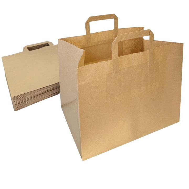 Set 100 pungi din hartie kraft cu manere Ecopicnic, 320x220x245mm, biodegradabile, maro