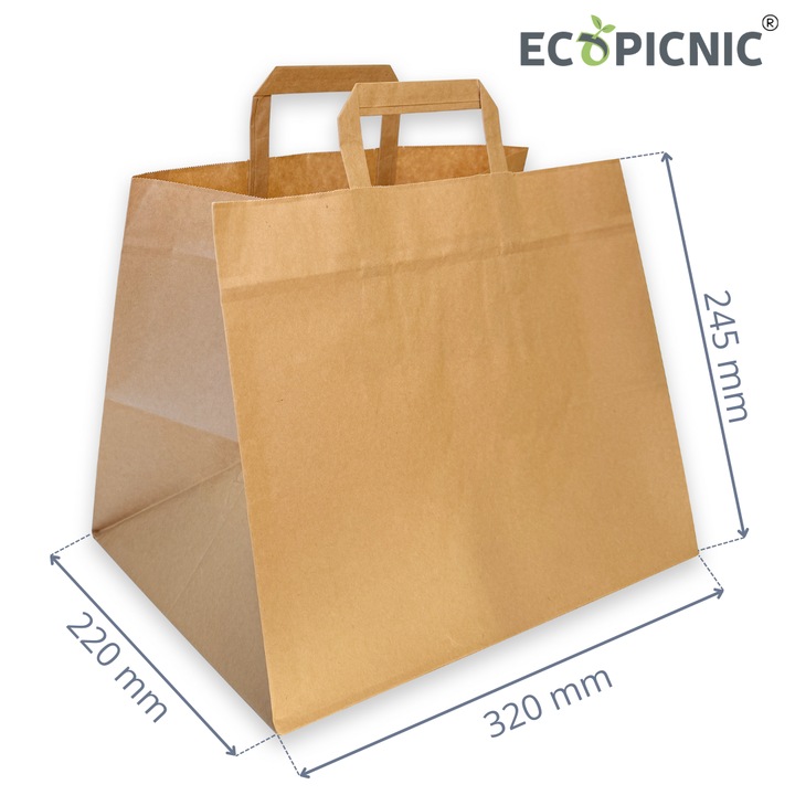Set 50 pungi de hartie kraft Ecopicnic, 320x220x245mm, biodegradabile