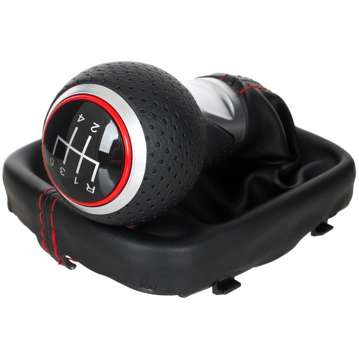 Sebességváltó gomb készlet, MODECAR, Audi A3 8P, fekete eco-bőr, ezüst részletek, 5 sebesség, 2003-2012