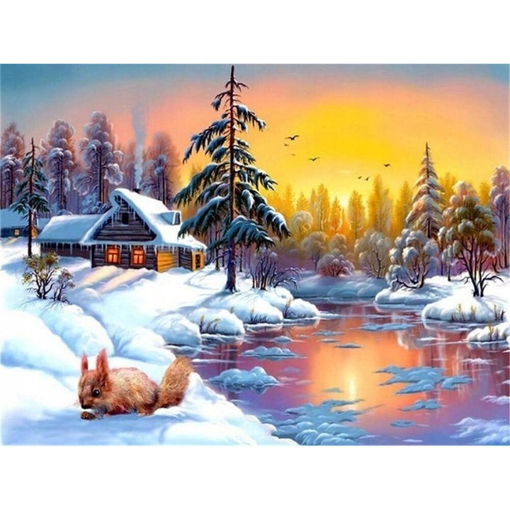 Kit artizanat Norimpex, model "Dom la lac cu veverita", 30x40 cm, multicolor