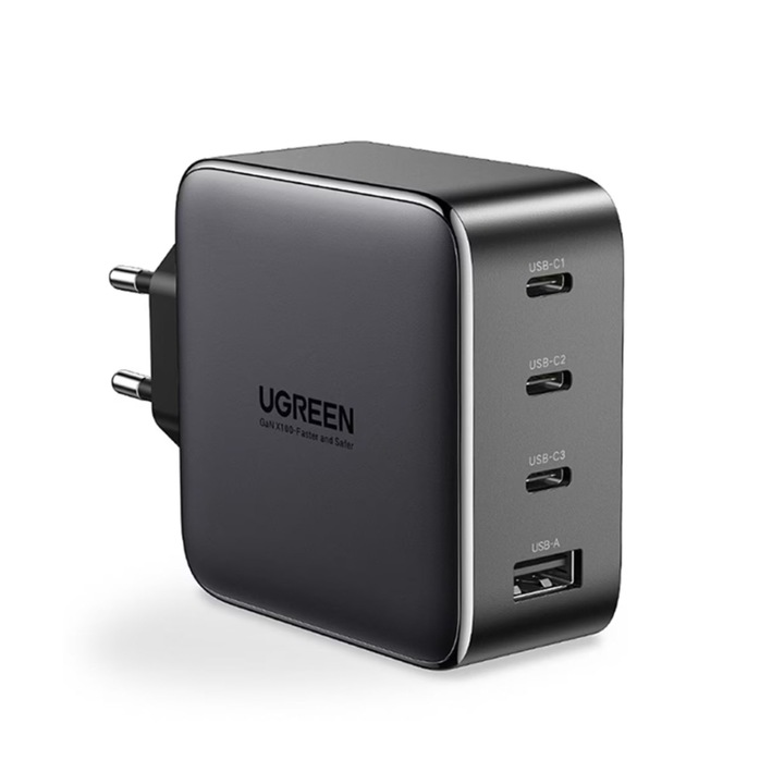Мрежово зарядно устройство Ugreen Nexode 100W, бързо зареждане с GaN, 3x USB-C, 1x USB-A, черно