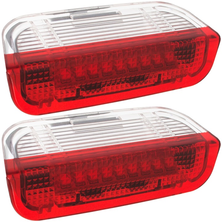 Комплект 2 вътрешни LED лампи за врати, MODECAR, бяло-червени, съвместими с VW Eos, Golf V, Golf VI, Jetta III, Passat B6, B7, B8, CC, Scirocco, Sharan, Touareg