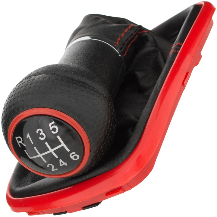 Sebességváltó gomb + Mieszek piros kerettel, Volkswagen Golf IV, 1997-2006, 6+R, fekete, 23mm