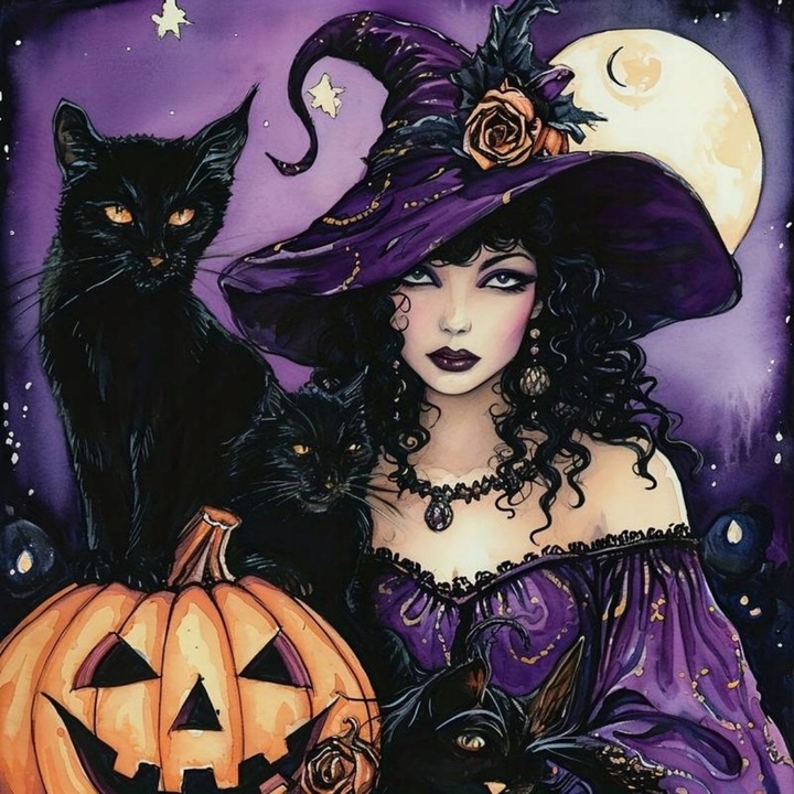 Kit artizanat, Norimpex, vrajitoare cu pisica neagra si dovleac, 30x40cm