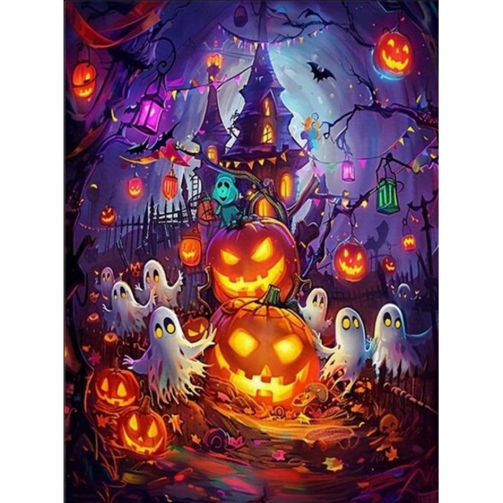 Mozaic Diamant Castelul Intunecat Fantome si Dovleci de Halloween 30X40 Cm