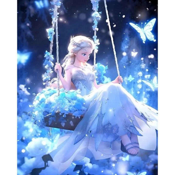 Set broderie cu diamante, Norimpex, model Printesa de gheata pe leagan cu fluturi, 40x30 cm