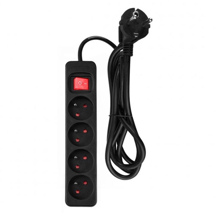 Удължител NEO Tools, 1.5m, 4 гнезда, черен, 16A, 230V